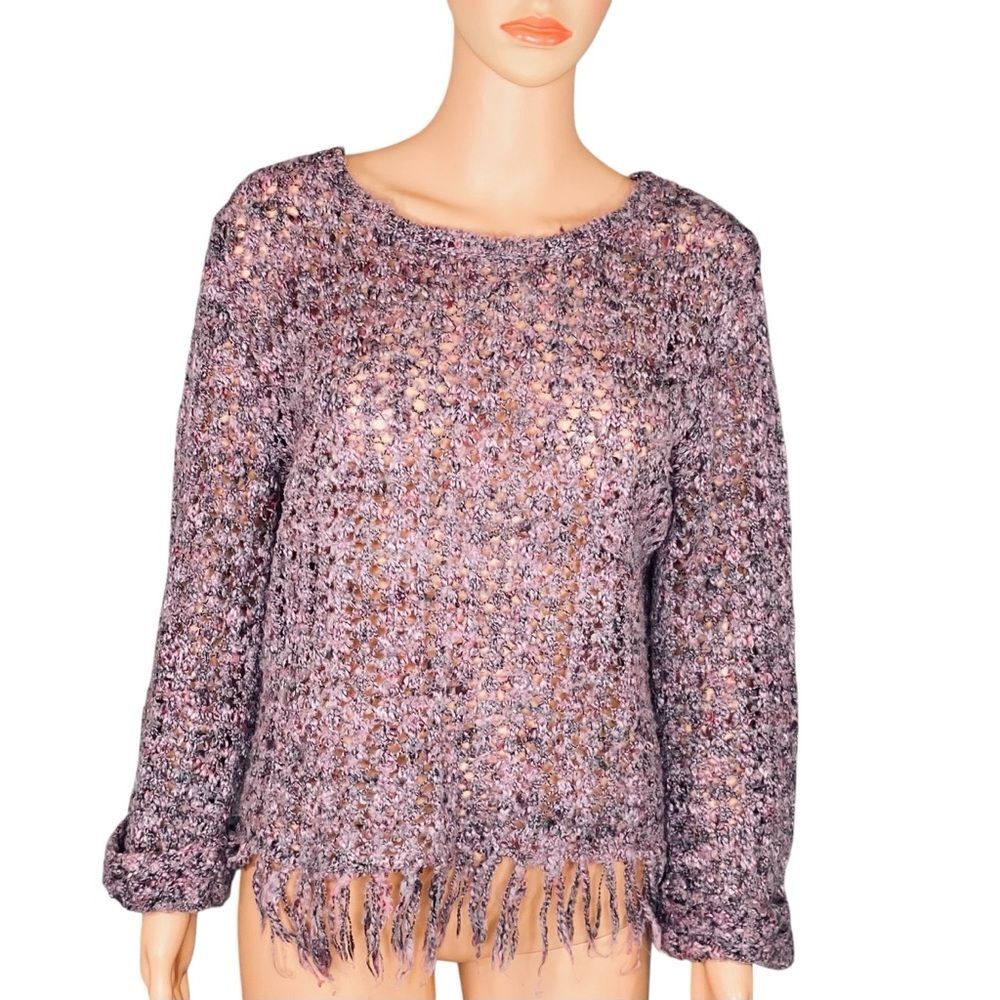 Ruby Rd Open Knit Sweater Fringed Boho Revival Modern Boho Oversized LG Purple